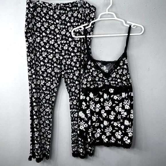 Y2K Pajama Set Pants Tank Top 2X Black Floral Lace Trim Babydoll Secret Treasure - Picture 1 of 8